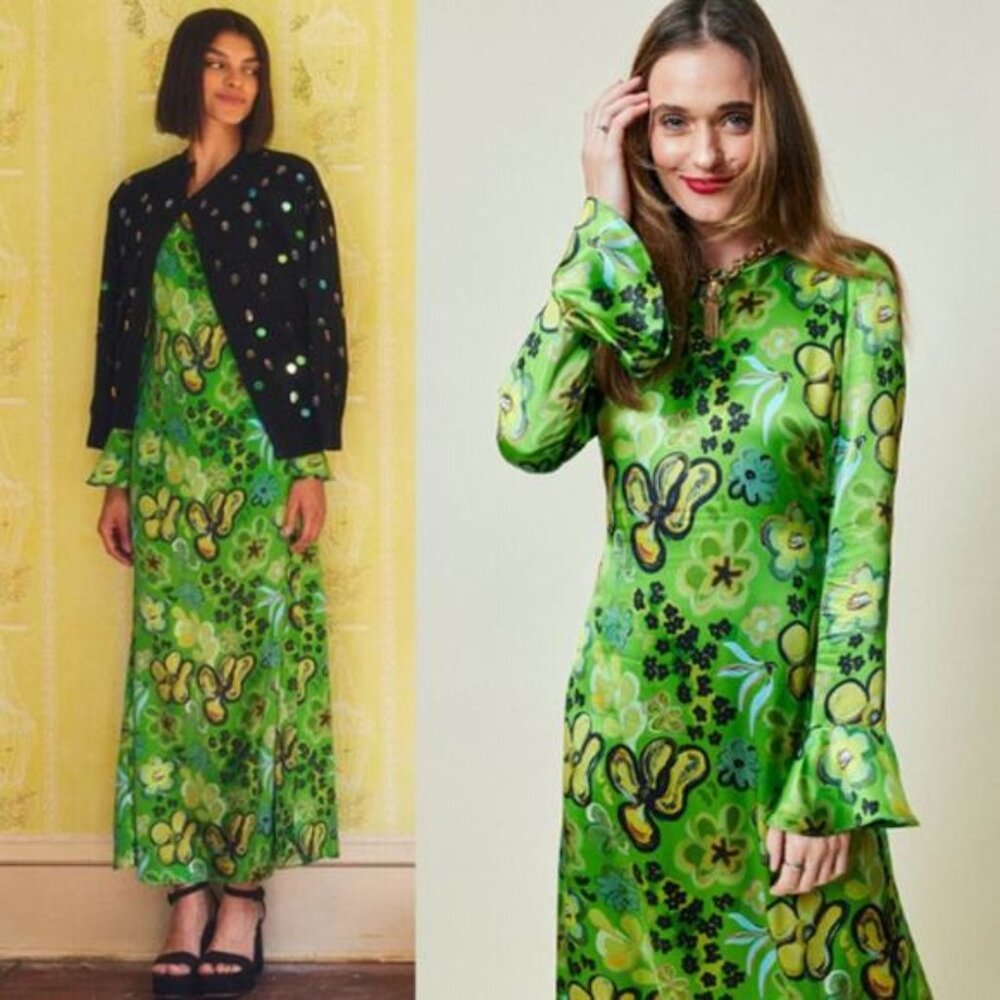 NEW Lingua Franca Floral Silk Long Sleeves Anja Maxi Dress Green Size: XS